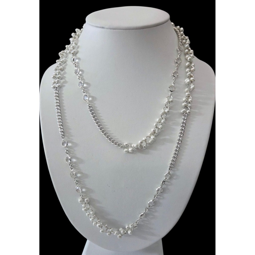 Vintage Anne Klein Silver Tone Faux Pearl Necklace Lion Logo Crystal Long Strand
